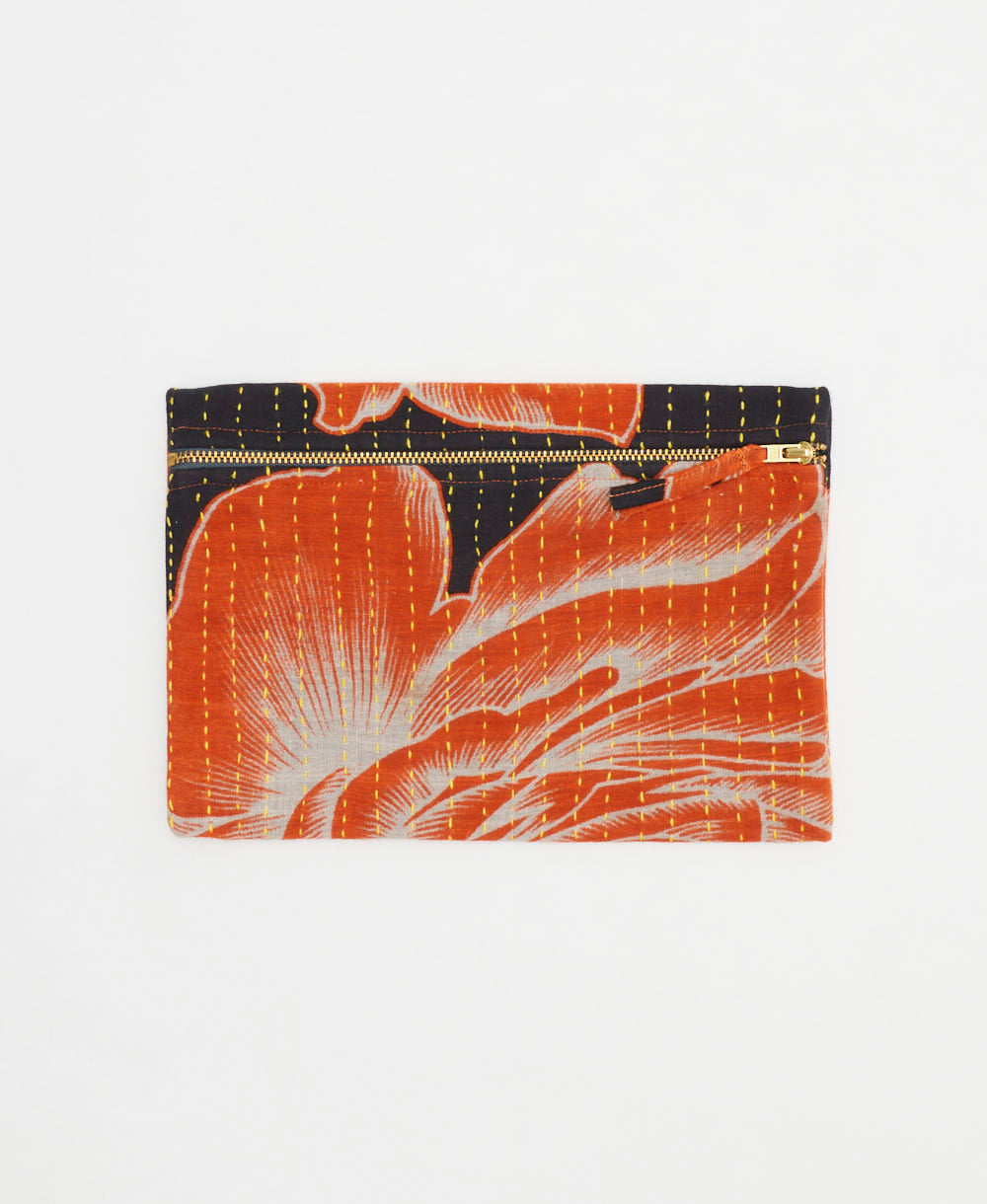 black and orange small pouch in abstract floral print made from vintage cotton saris