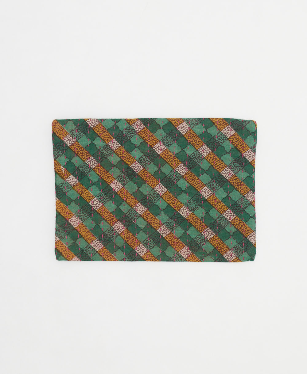 eco-friendly small zipper pouch in green and orange plaid with hot pink kantha stitching