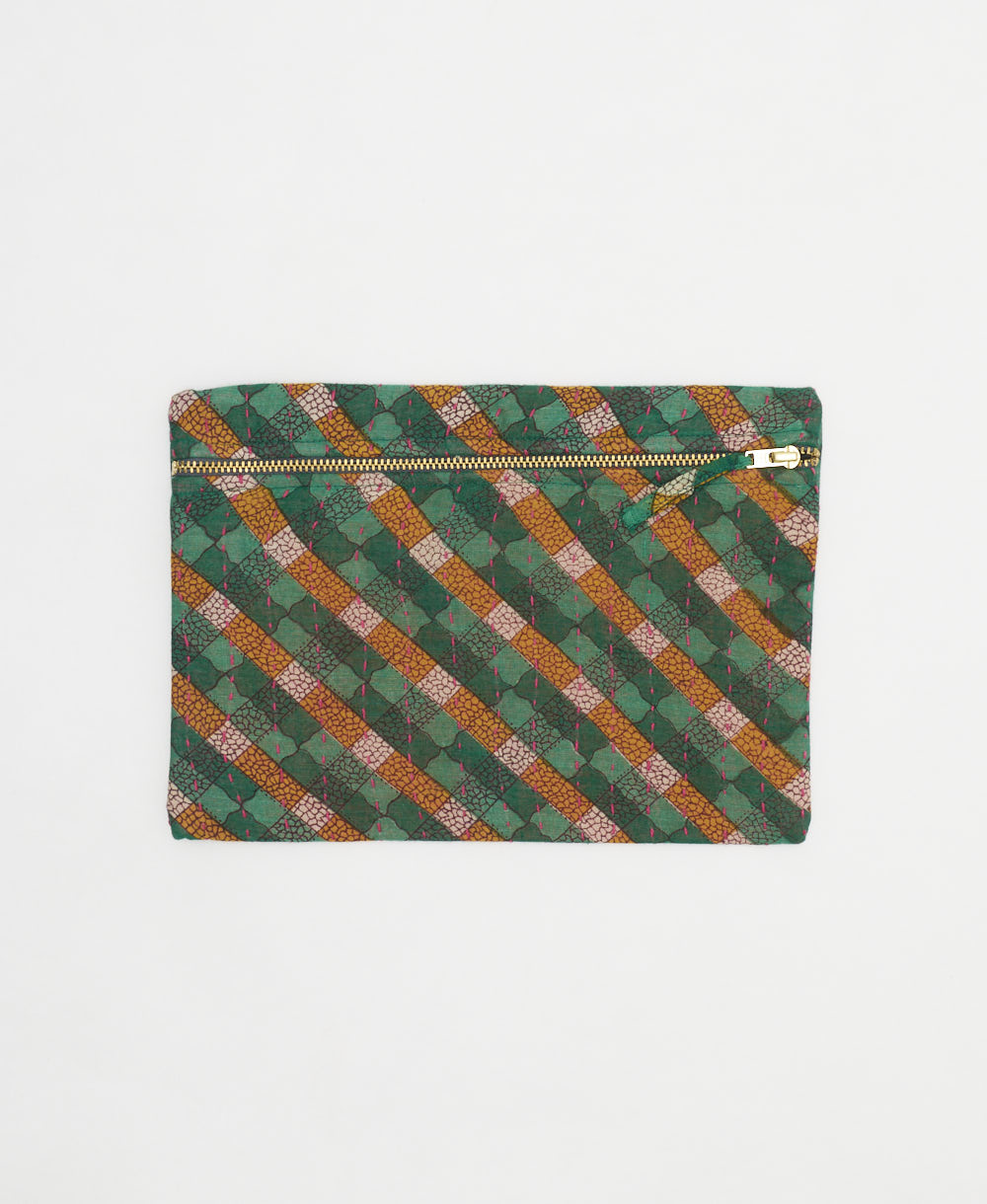 dark green small pouch in plaid print with orange accents handmade in India from vintage cotton saris