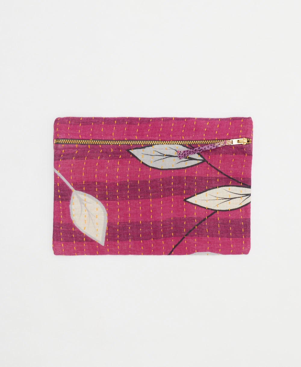 hot pink small pouch with ivory and grey leaf print and yellow kantha stitching