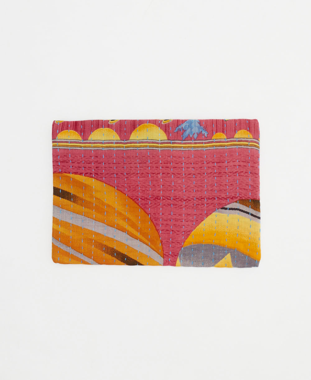 hot pink small zipper pouch in yellow abstract print made from vintage cotton saris in India