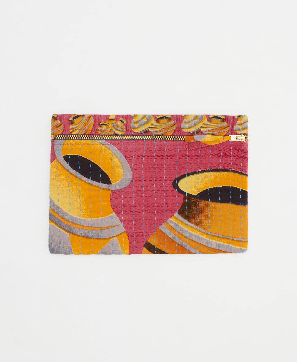 hot pink small pouch in yellow abstract print with blue kantha stitching