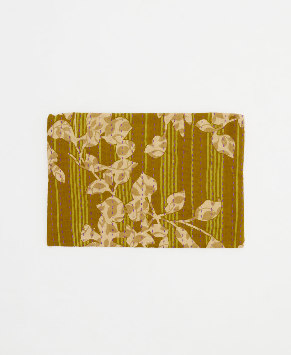 small zipper pouch in mustard yellow tan & floral stripe made from vintage cotton saris in India