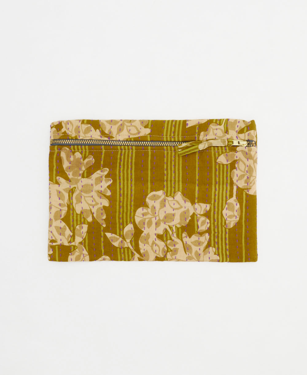 mustard yellow small pouch and tan floral stripe with orange kantha stitching