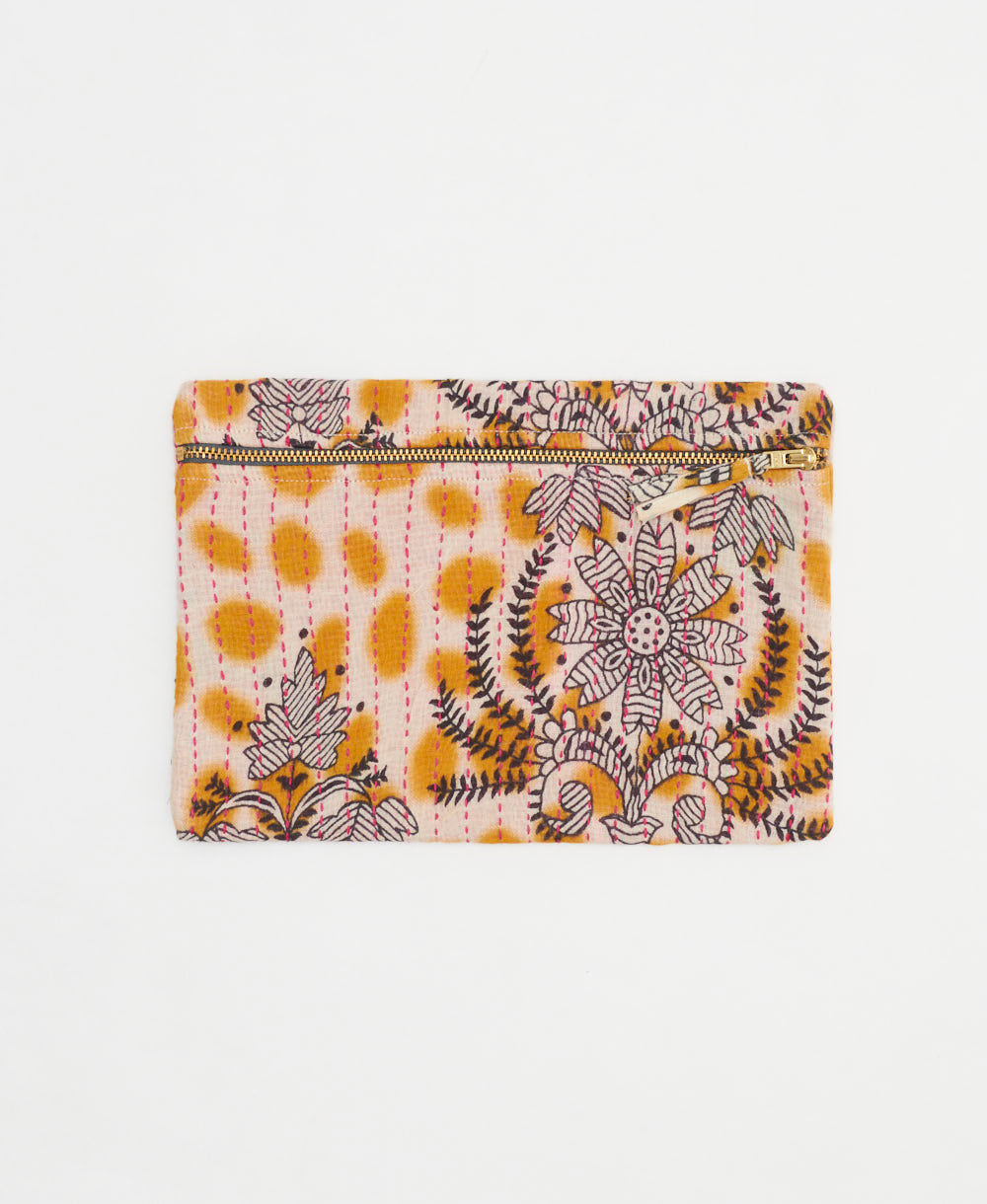 mustard yellow small pouch with brown floral design handmade in India by women