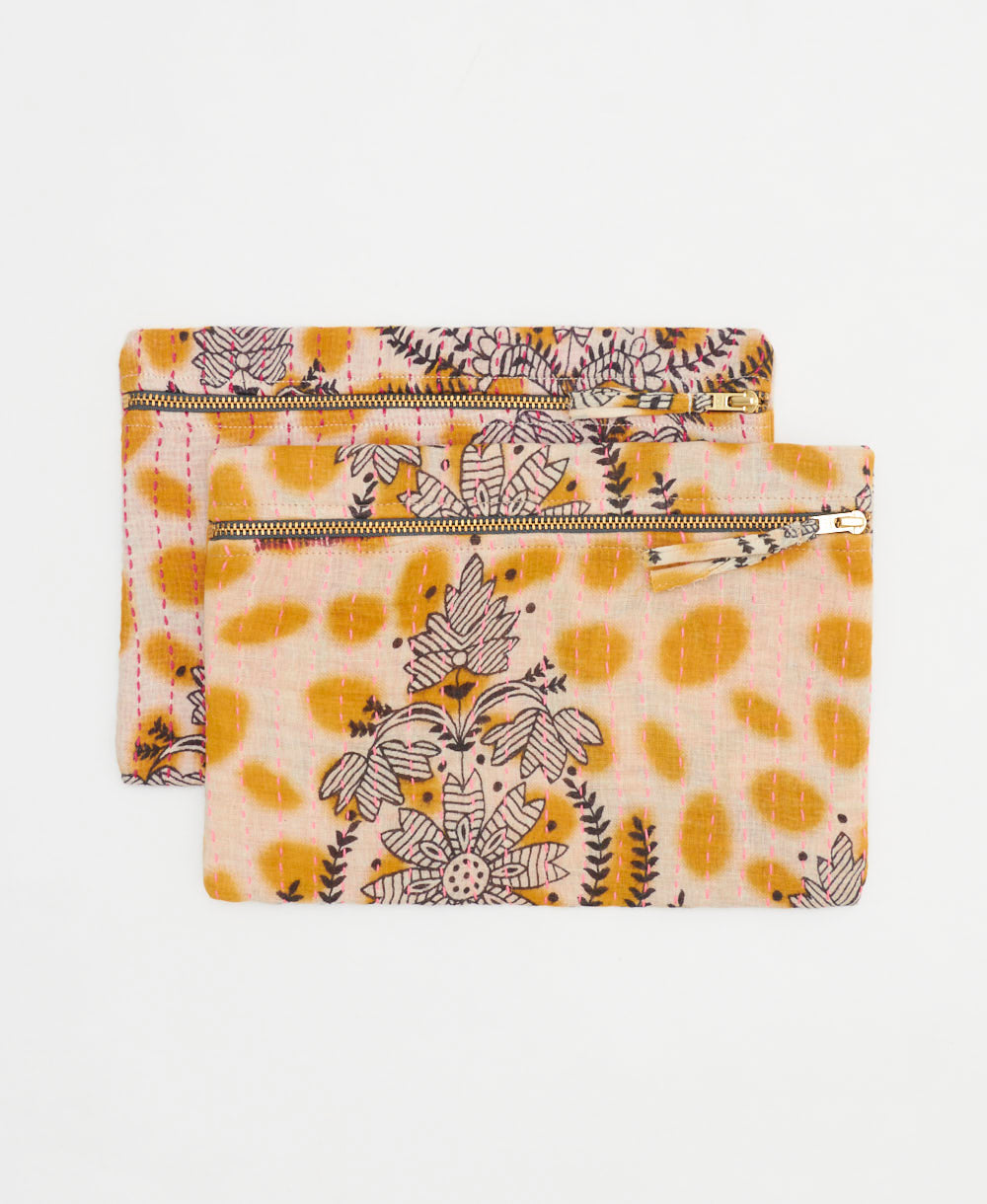 unique pouch made with vintage cotton saris in mustard yellow and brown floral print