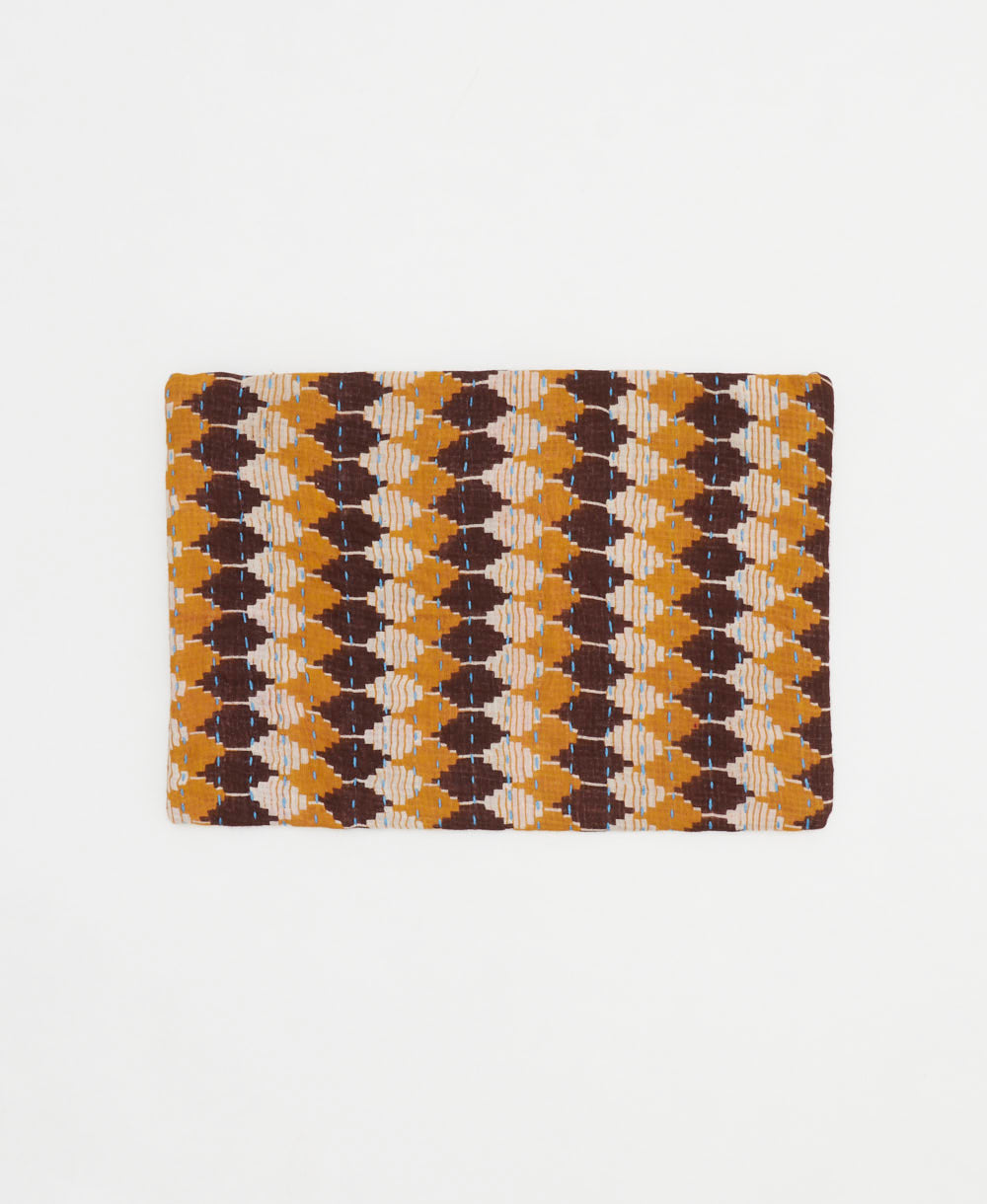 eco-friendly small zipper pouch in brown & orange 70's diamond print with royal blue stitching