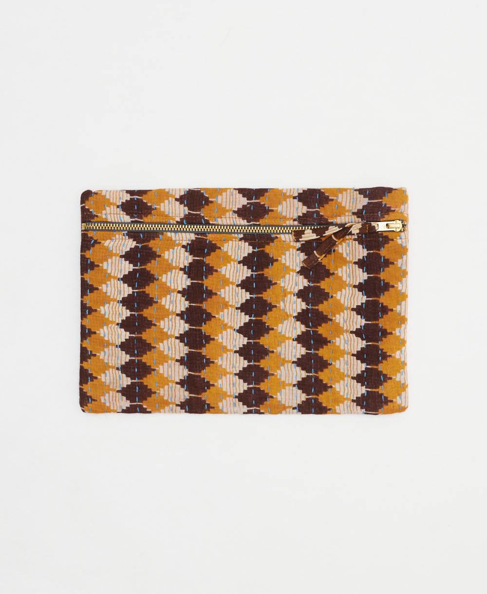 brown & orange small pouch in vintage diamond print handmade in India by women artisans