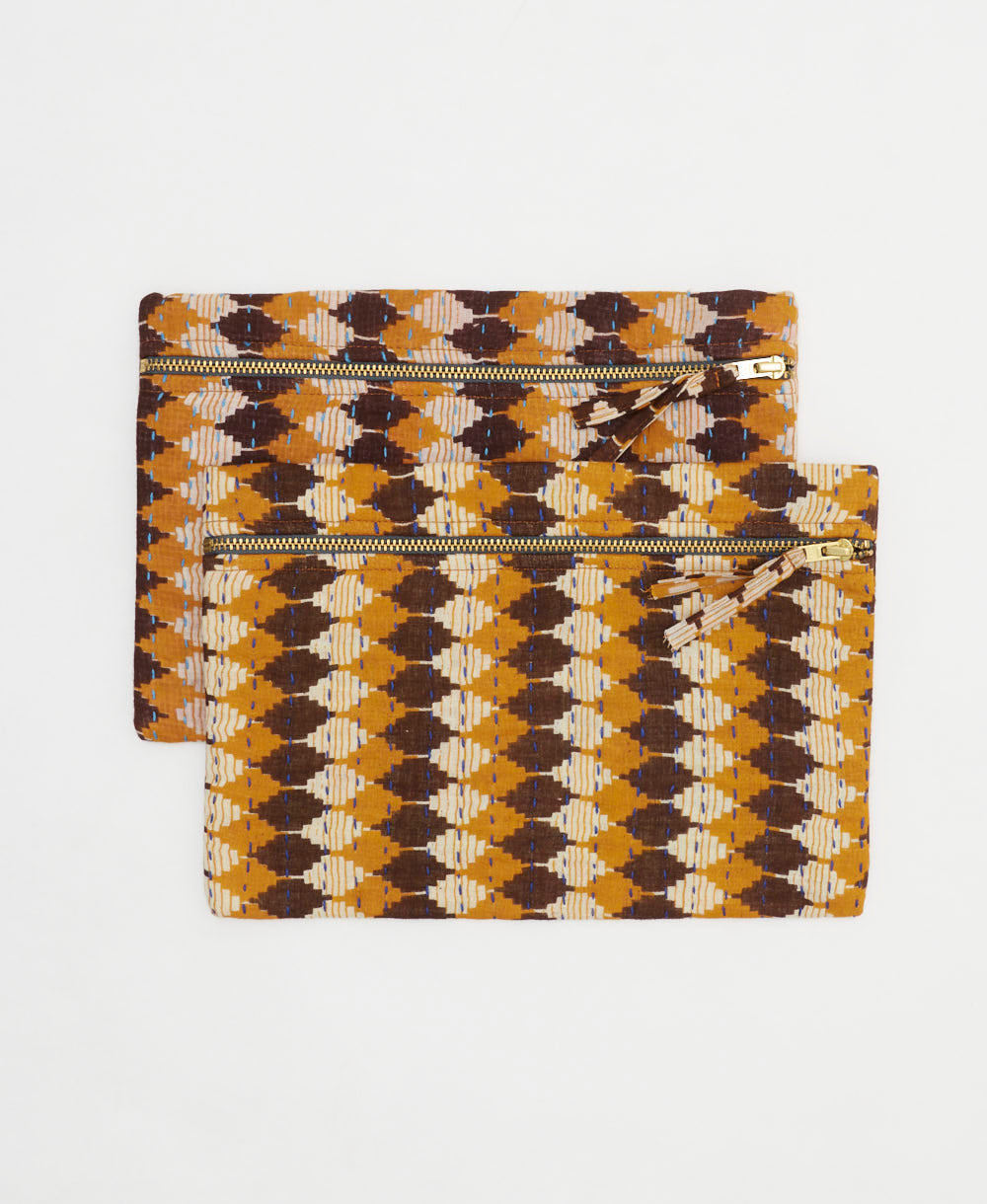 vintage pouch in retro orange and brown diamond print