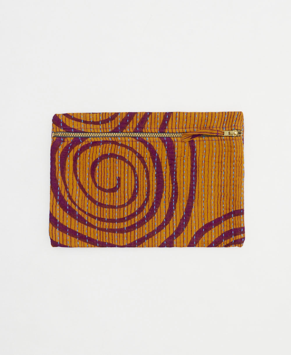 orange small pouch in eggplant purple swirl print with dark green kantha embroidery by Anchal