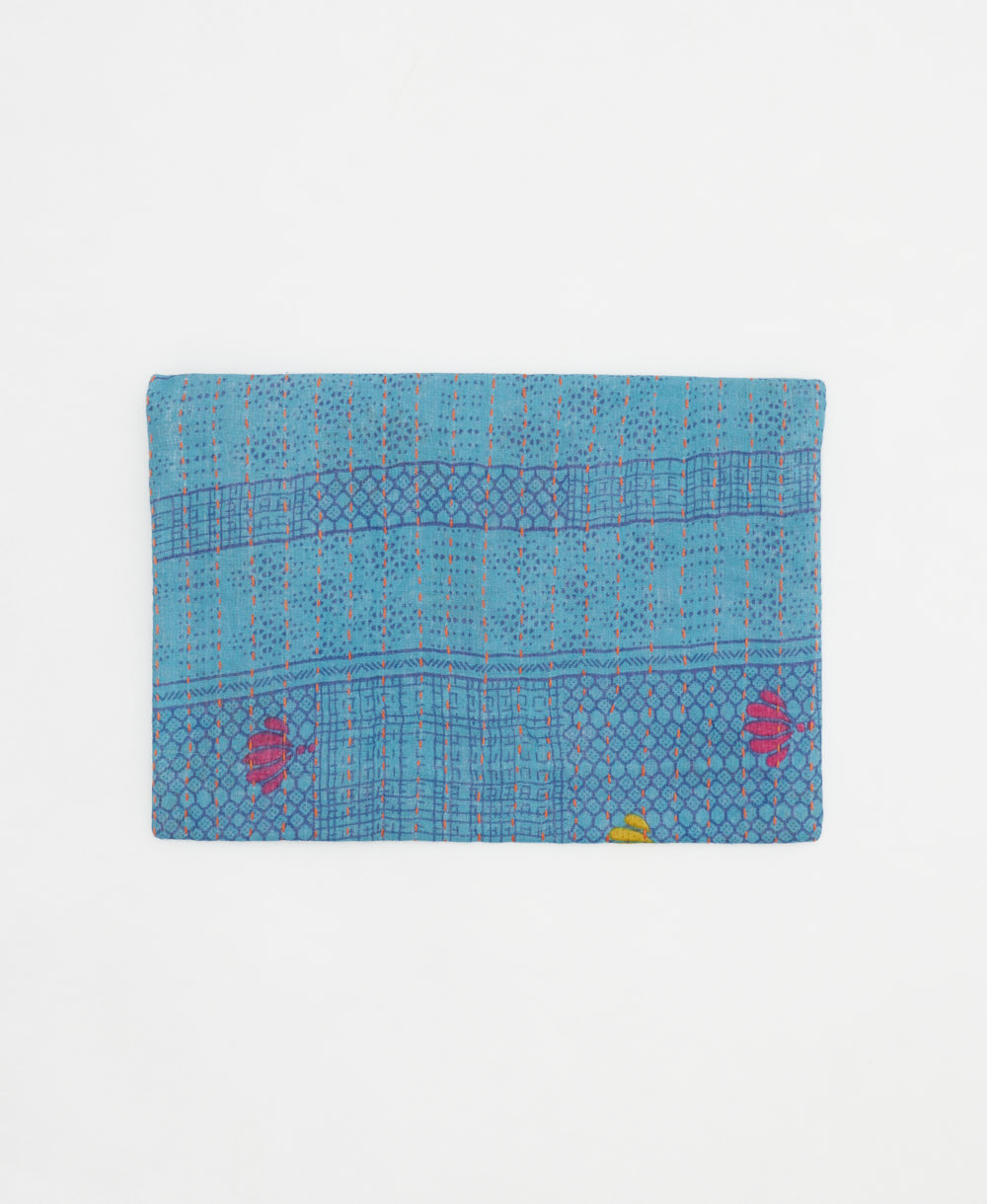 blue small zipper pouch in hot pink and yellow floral print with hot pink kantha stitching