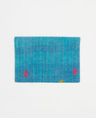 blue small zipper pouch in hot pink and yellow floral print with hot pink kantha stitching