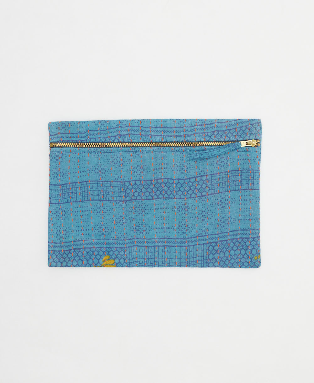 azure blue small pouch with hot pink & yellow flowers handmade from vintage cotton saris