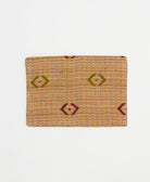 small zipper pouch in beige, maroon and olive floral print with blue kantha stitching