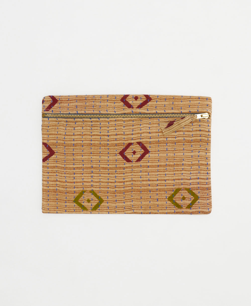 sandy beige small pouch in maroon and olive geometric print handmade in India