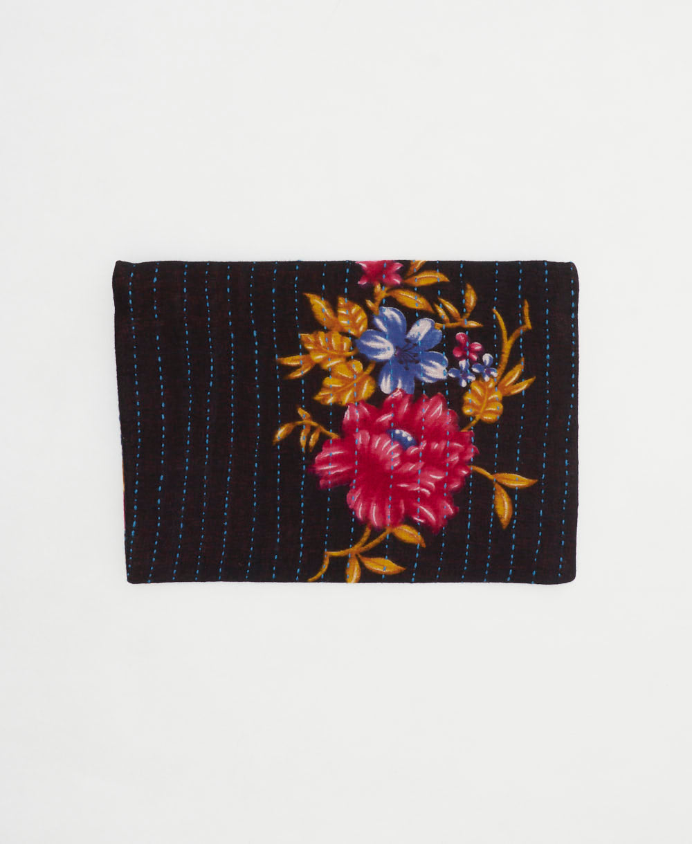 black small zipper pouch with multi-colored floral design made from upcycled vintage cotton saris