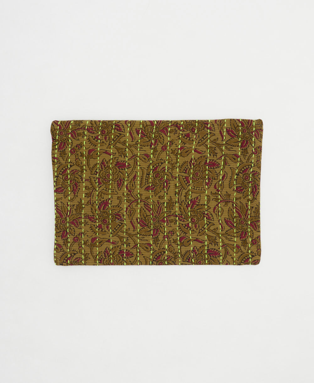 small zipper pouch in a brown and maroon floral print with neon green kantha stitching handmade in India