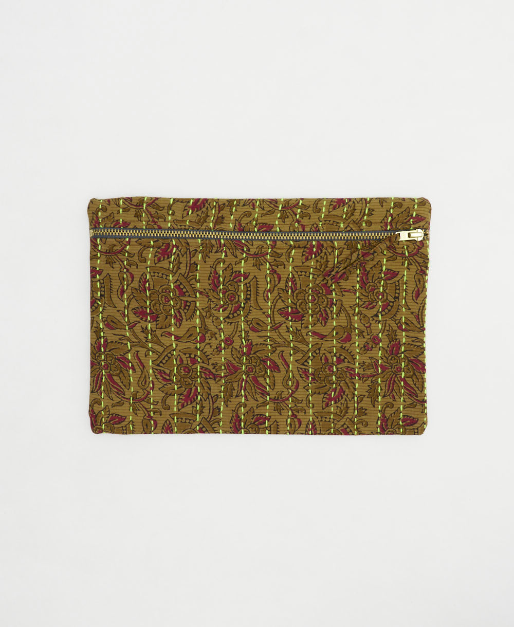 light brown small pouch with maroon floral design and neon yellow embroidered stitching