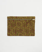 light brown small pouch with maroon floral design and neon yellow embroidered stitching