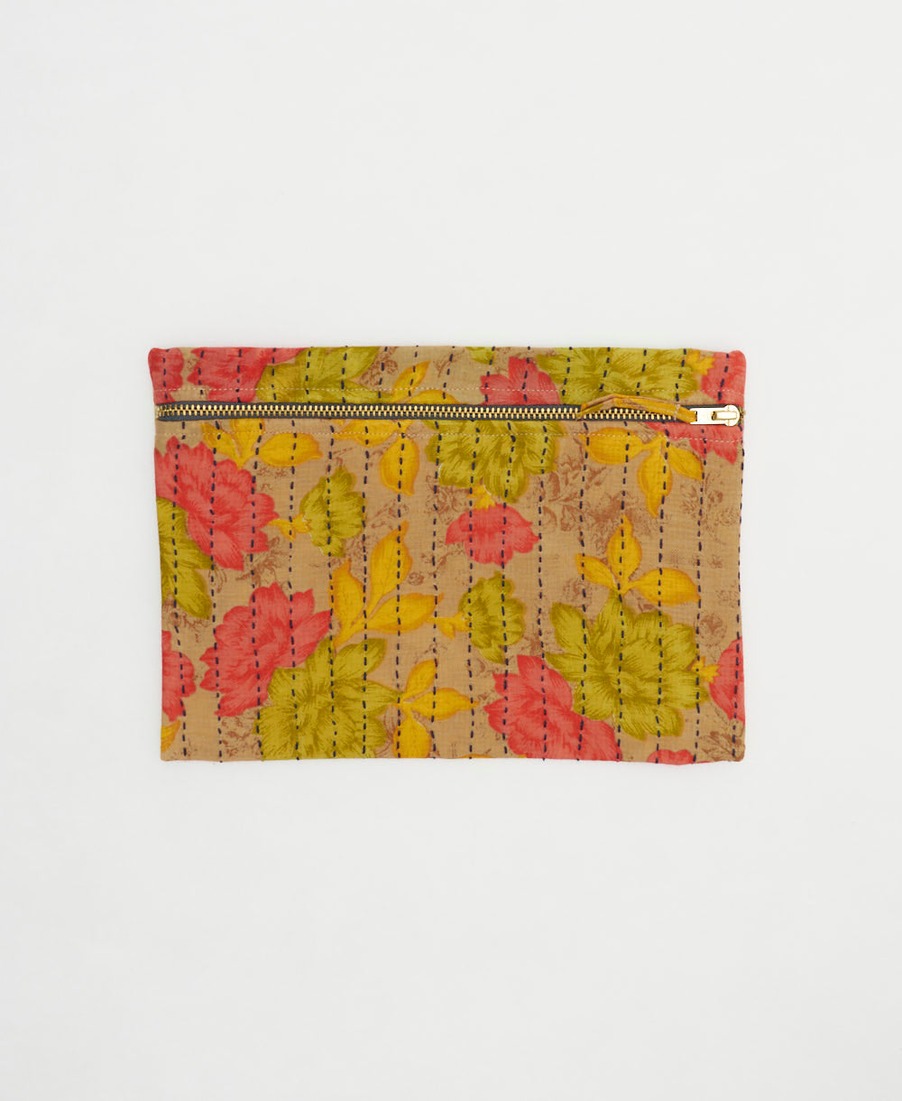 tan small pouch with coral, golden yellow and lime green floral pattern handmade in India