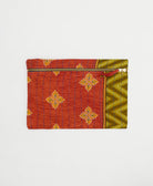 coral small pouch in an orange medallion print with olive green chevron design