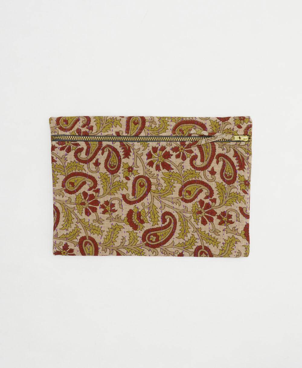 olive and brick red paisley small pouch handmade from one-of-a-kind vintage cotton fabric