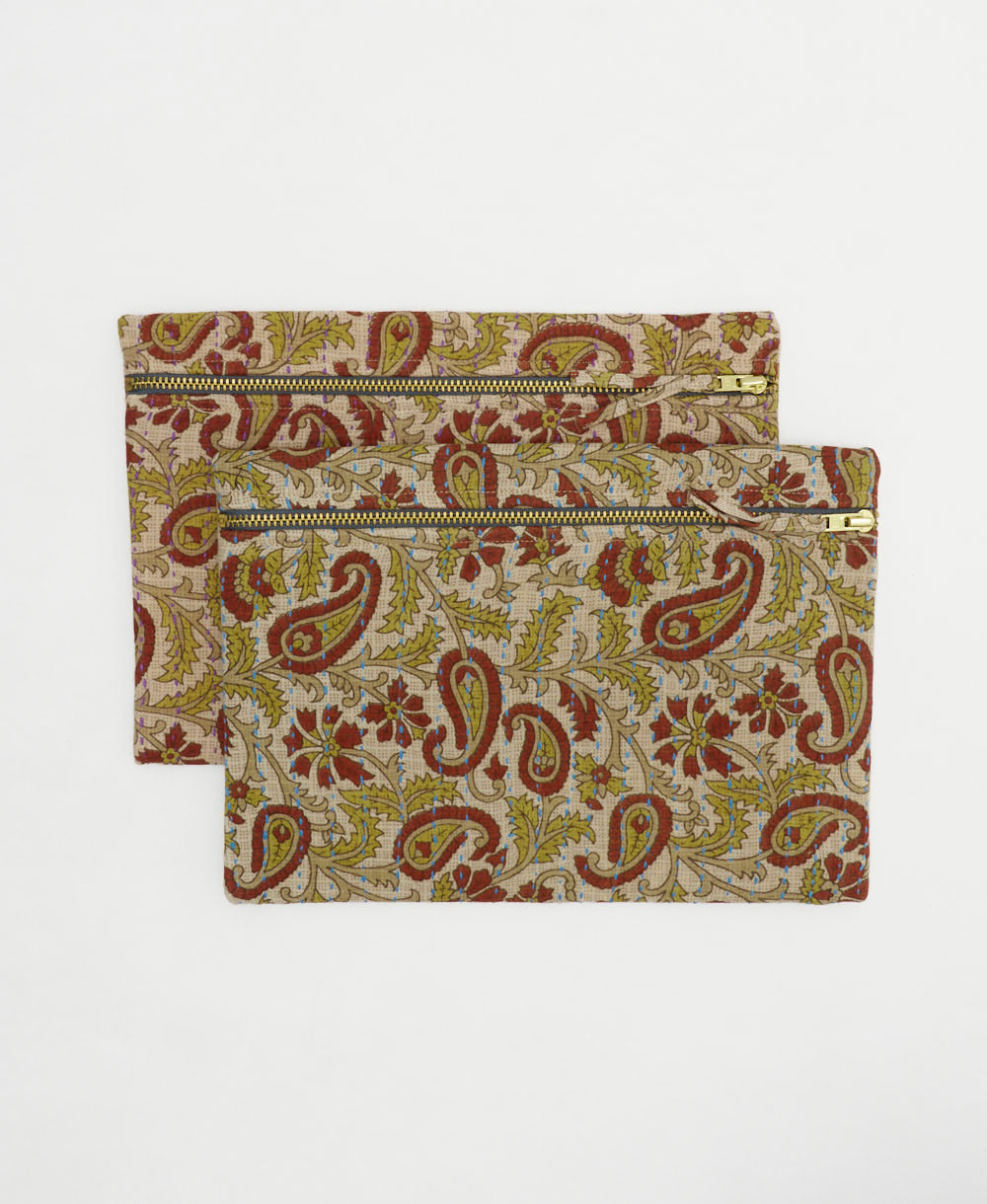 embroidered pouches made from unique one-of-a-kind vintage saris in India in a red and olive paisley print