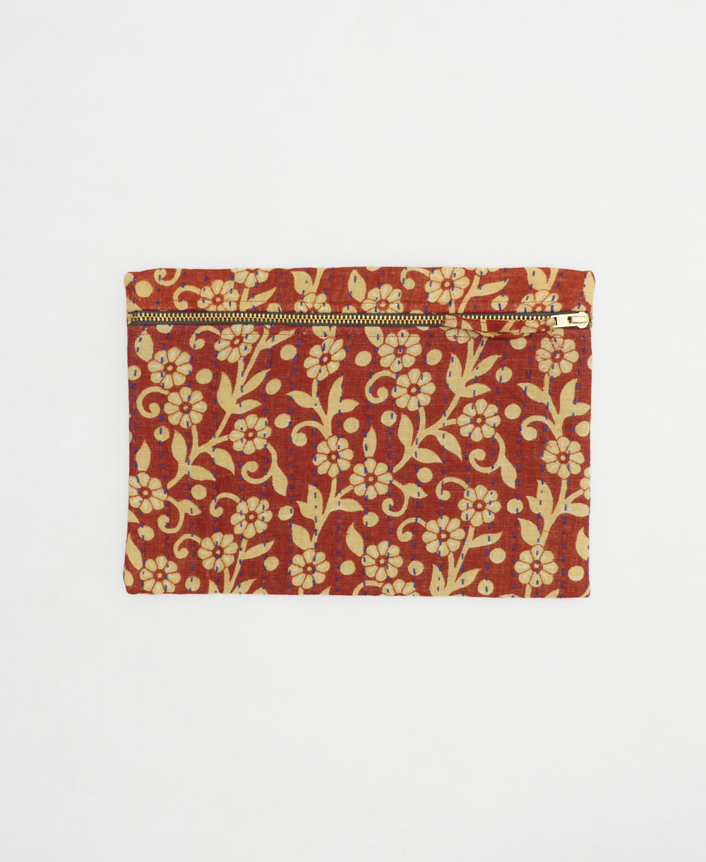 red small pouch in beige daisy print handmade in India from vintage cotton saris