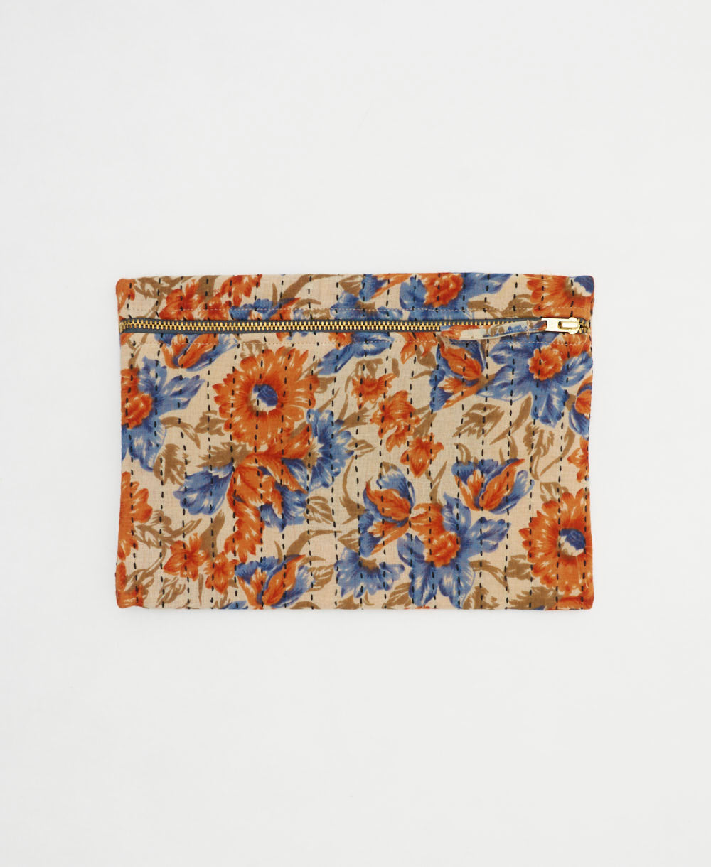 floral small pouch in bold orange blue flowers made from vintage cotton saris in India