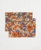 bold floral pouches in orange and blue with different colored embroidery thread