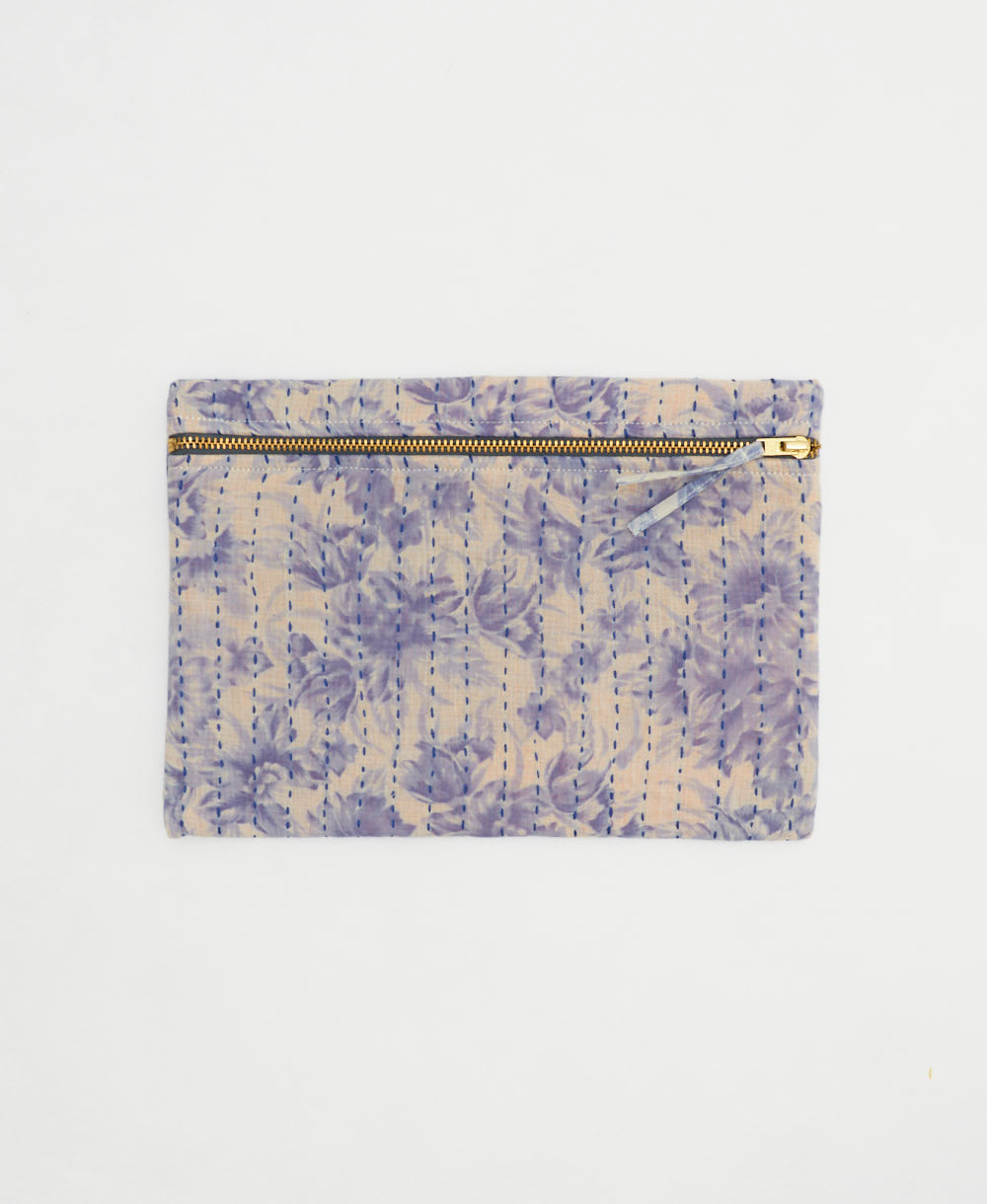 floral small pouch in pastel lavender and ivory with bold kantha embroidery handmade in India