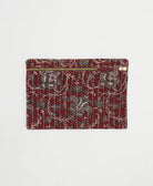 burgundy small pouch with muted green floral vine pattern handmade from vintage fabrics