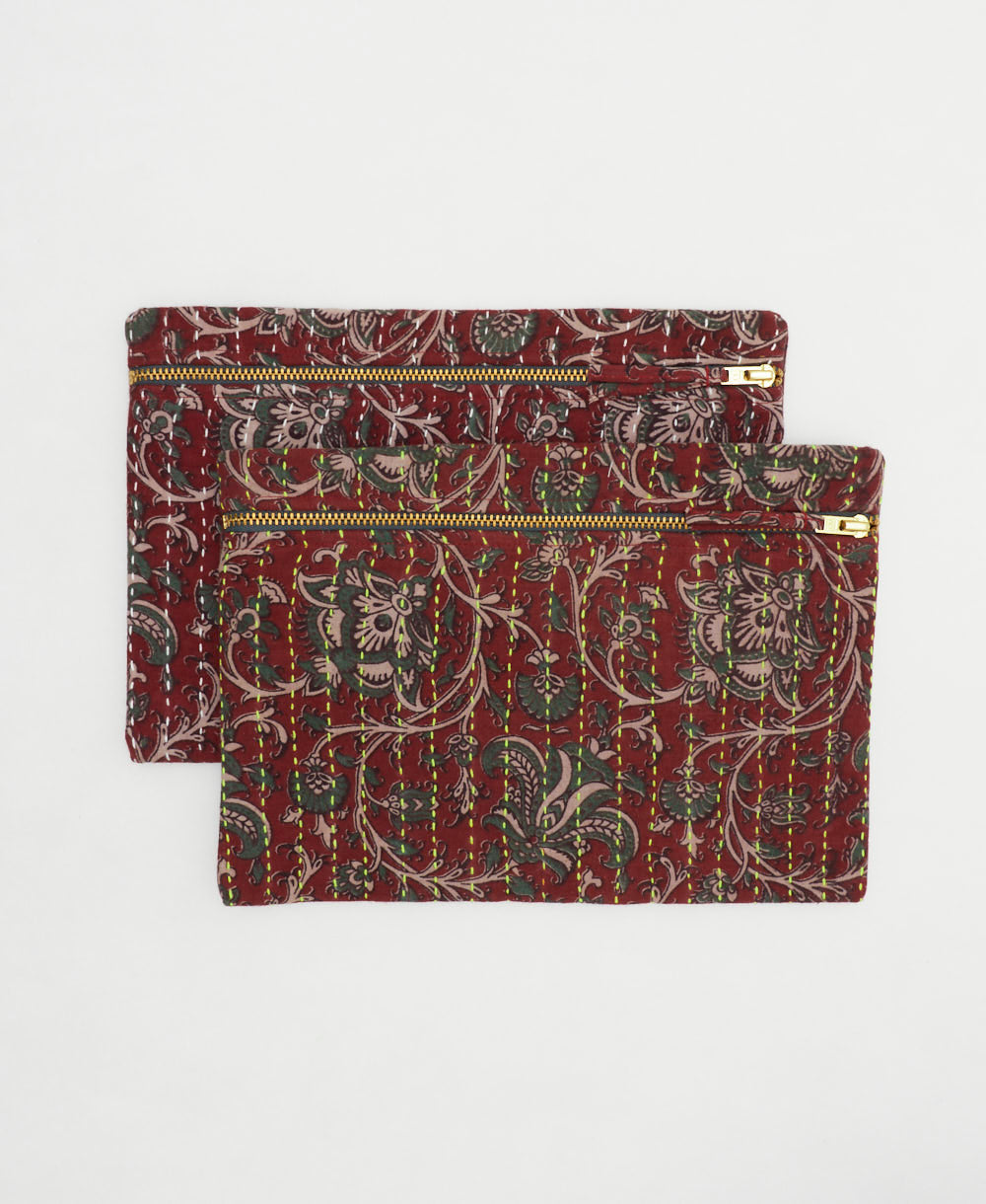 burgundy floral pouches with different color embroidery handmade from vintage fabrics