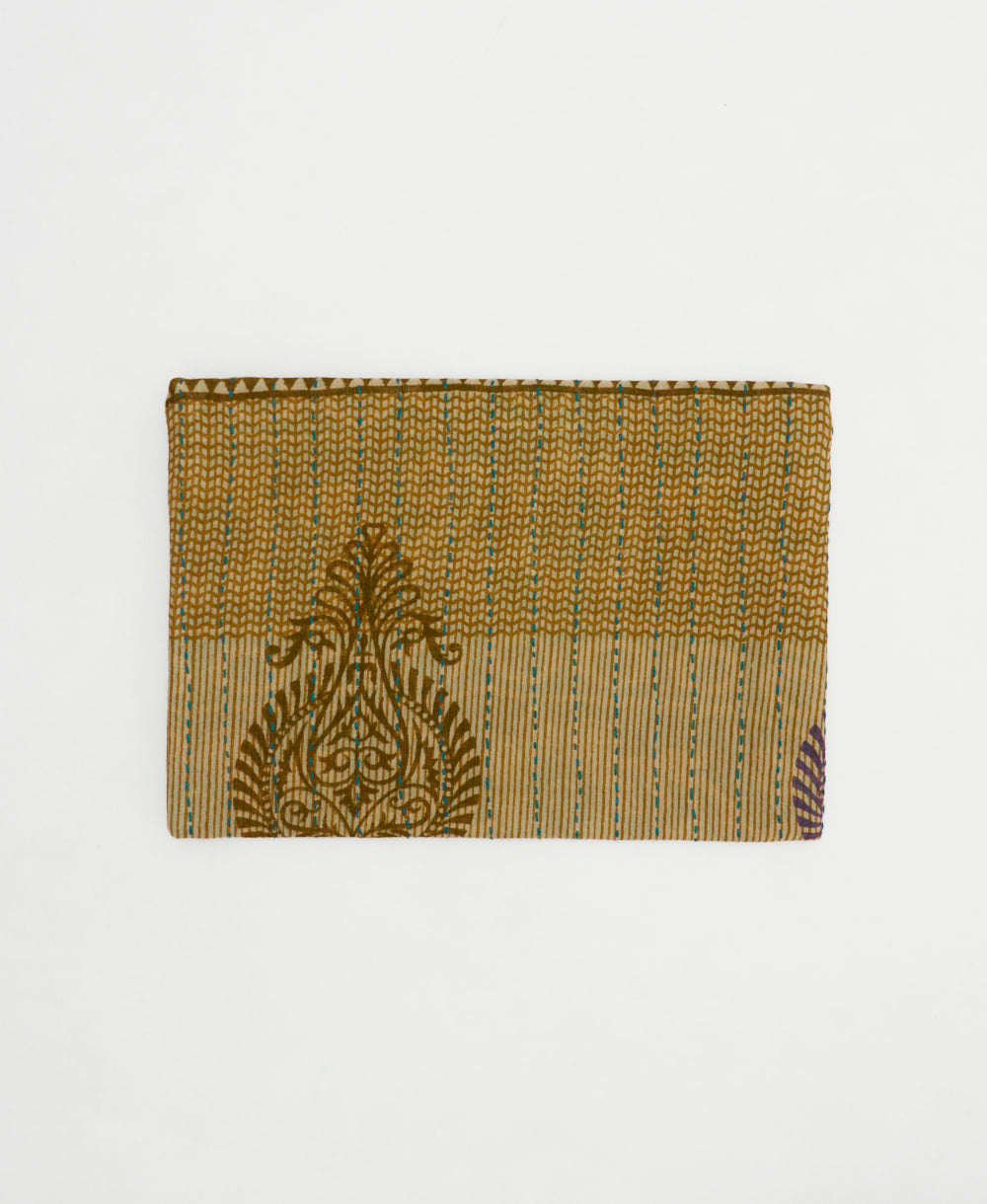 small zipper pouch in brown & tan geometric pattern handmade by women artisans in India