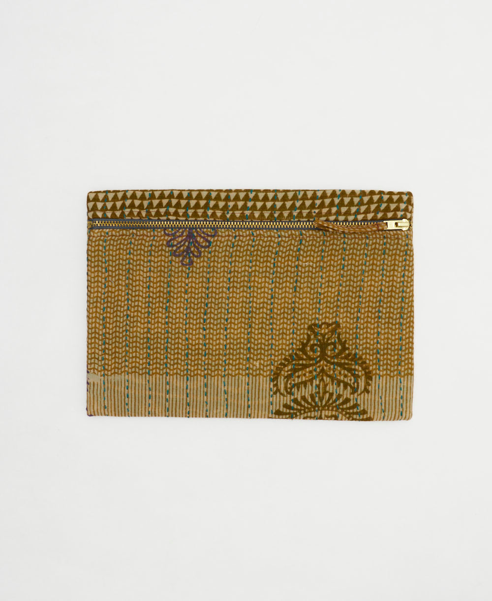 brown small pouch with tan geometric pattern made from unique one-of-a-kind vintage saris in India