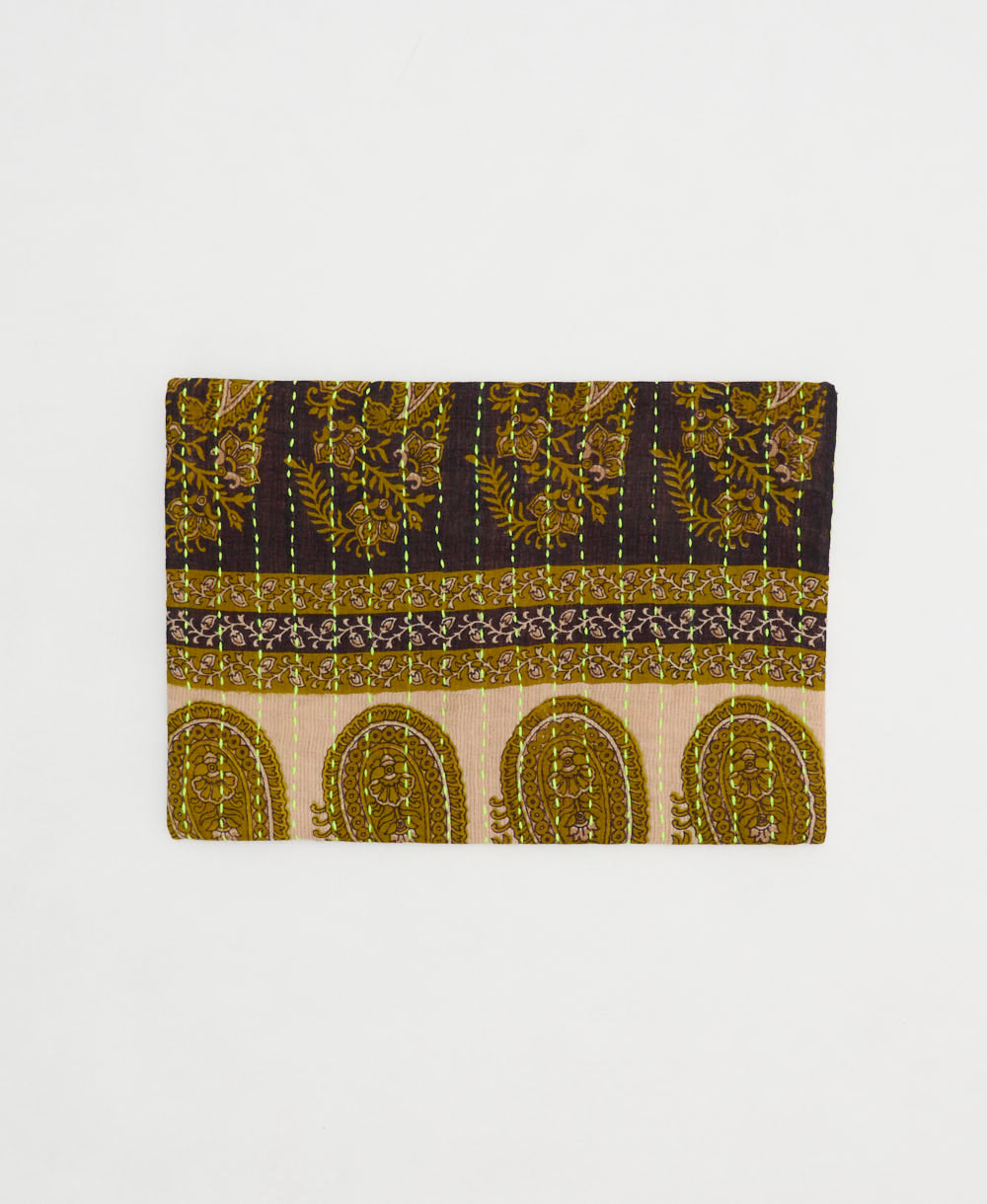 small zipper pouch with hand-stitched embroidery in unique bohemian vintage fabric