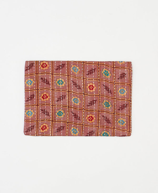 Artisan-made mauve geometric vintage kantha pouch clutch