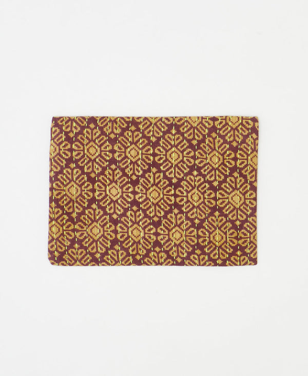 Artisan-made brown and yellow floral vintage kantha pouch clutch