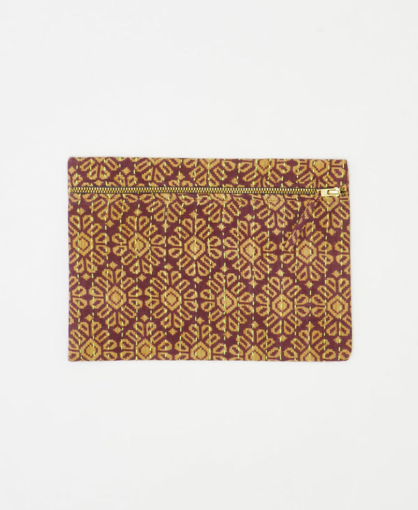 One-of-a-kind brown and yellow floral vintage kantha pouch clutch