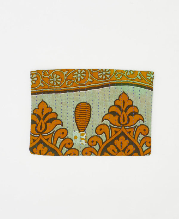 Artisan-made green and orange floral vintage kantha pouch clutch