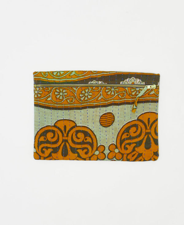 One-of-a-kind green and orange floral vintage kantha pouch clutch