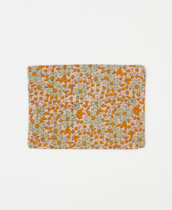 Artisan-made orange and green floral vintage kantha pouch clutch