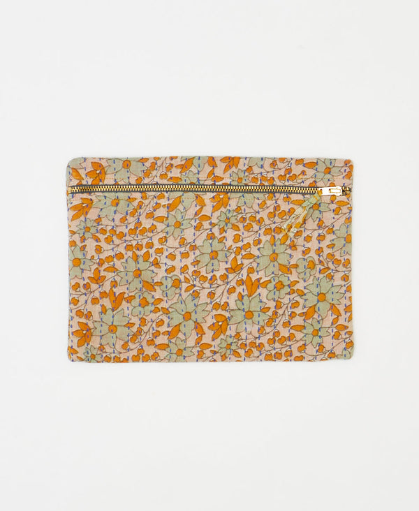 One-of-a-kind orange and green floral vintage kantha pouch clutch