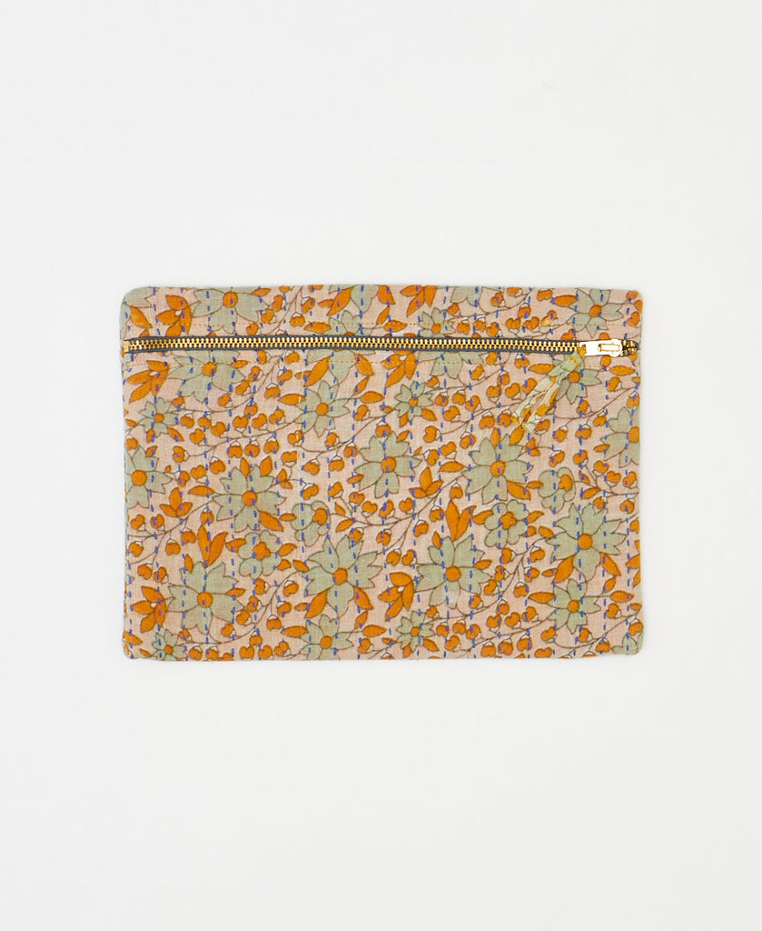 One-of-a-kind orange and green floral vintage kantha pouch clutch