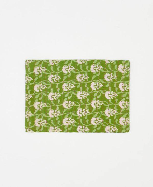 Artisan-made green floral vintage kantha pouch clutch