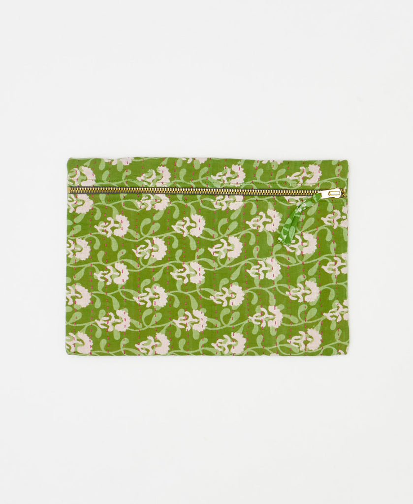 One-of-a-kind green floral vintage kantha pouch clutch