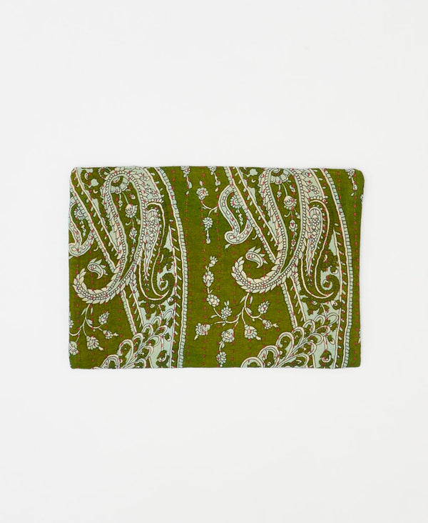 Artisan-made green paisley vintage kantha pouch clutch