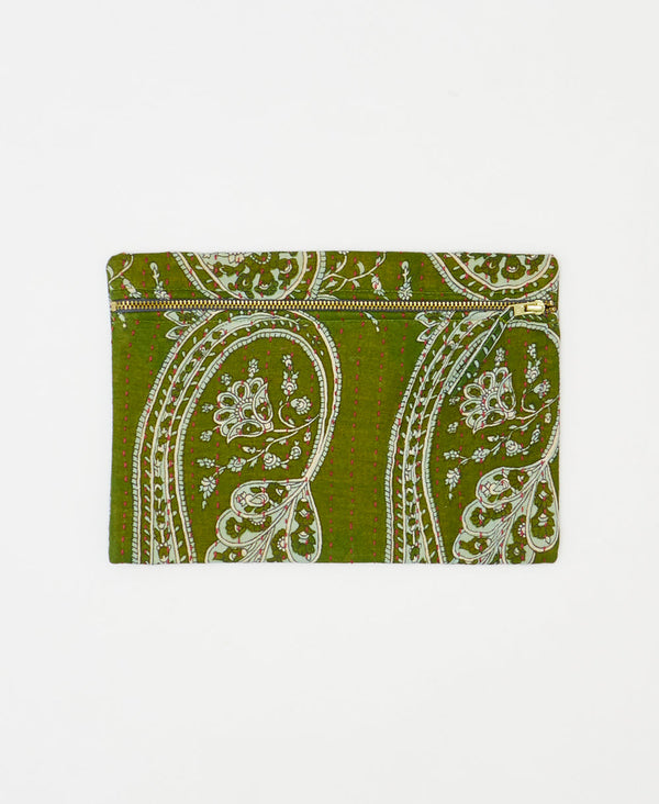 One-of-a-kind green paisley vintage kantha pouch clutch