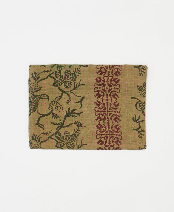 Artisan-made green geometric vintage kantha pouch clutch