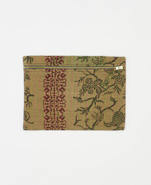 One-of-a-kind green geometric vintage kantha pouch clutch